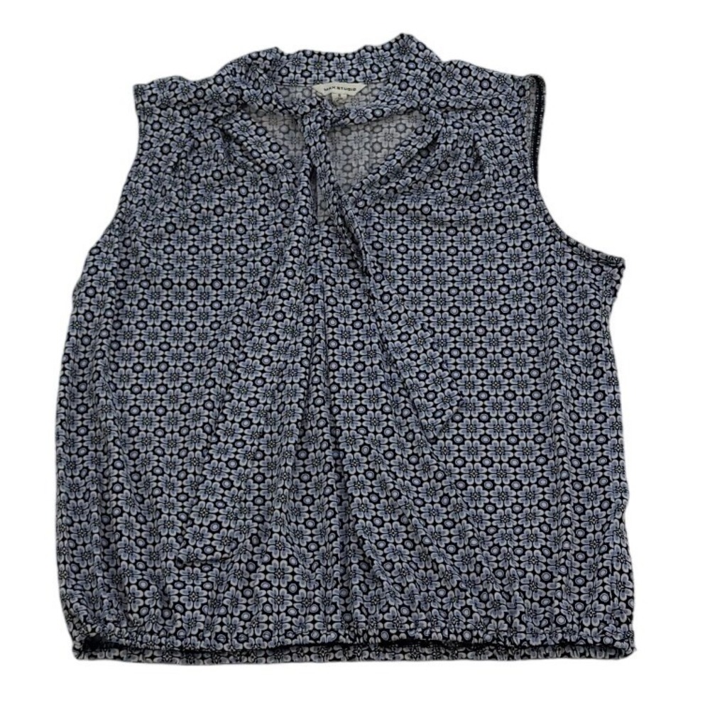 Max Studio Blue‎ Floral Tie Neck Sleeveless Bubble Hem Blouse Women's Small